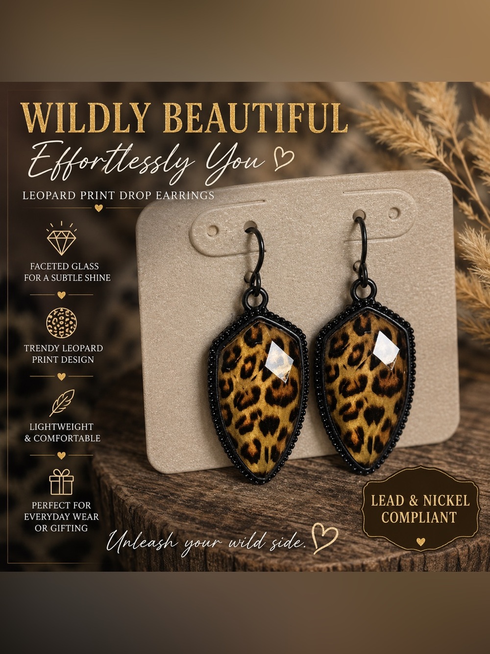 Drop Earrings in Leopard Print w/ Black Frame